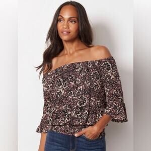 Evereve Dark Floral Smocked Off Shoulder Mesh Style Stretch Shirt size XS